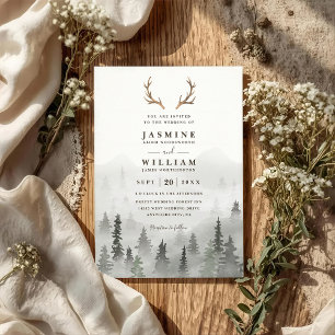 Antler Forest Mountain Tree Rustic QR Code Wedding Invitation