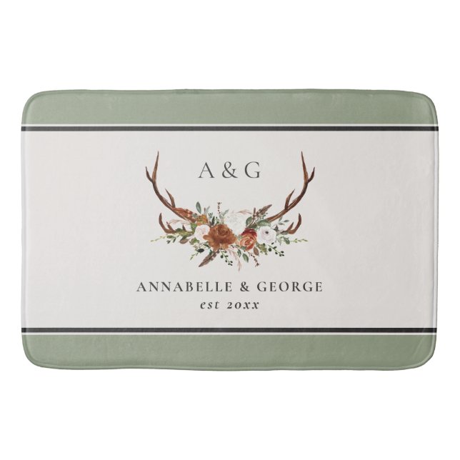Antler terracotta sage green botanical floral show bath mat (Front)