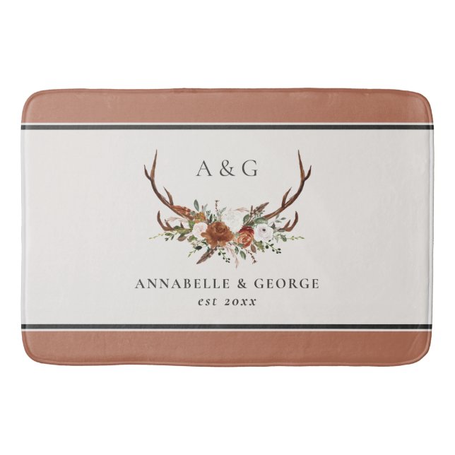 Antler terracotta sage green botanical floral show bath mat (Front)