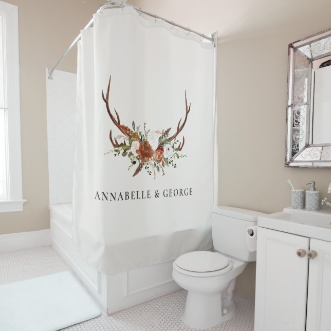 Antler terracotta sage green botanical floral show shower curtain (In Situ)