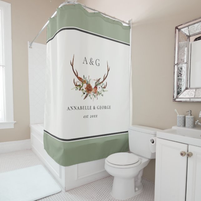 Antler terracotta sage green botanical floral shower curtain (In Situ)
