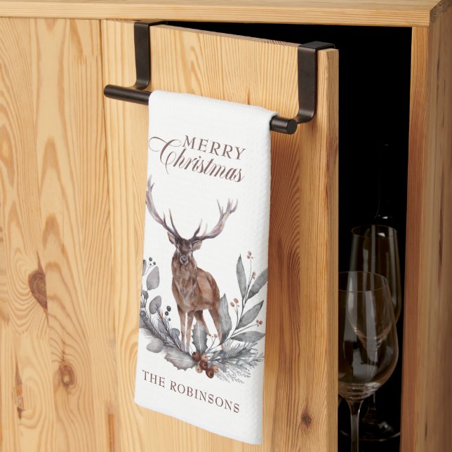 Antlered Deer Buck Wreath Merry Christmas  Kitchen Tea Towel (Thirds Fold)