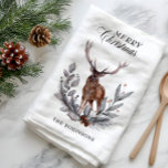 Antlered Deer Buck Wreath Merry Christmas  Tea Towel<br><div class="desc">Rustic pinecone evergreen holly and pine with brown berries and a big buck deer with a large antler rack "Merry Christmas" wreath design.  Composite design by Holiday Hearts Designs.</div>