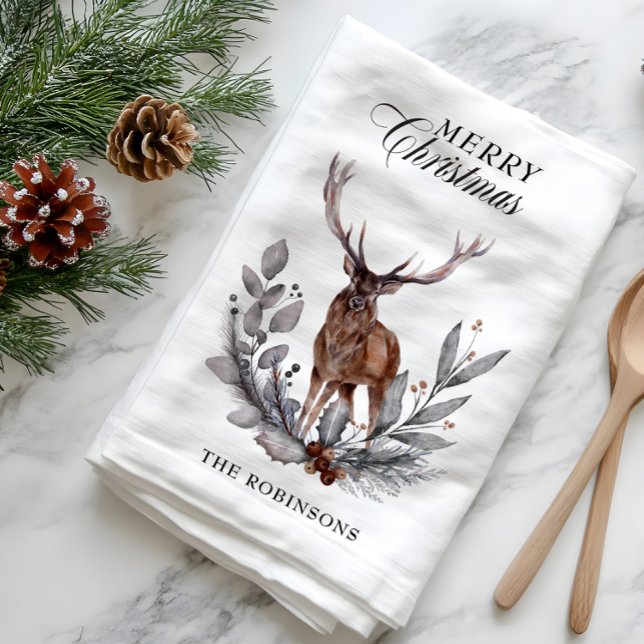 Antlered Deer Buck Wreath Merry Christmas  Tea Towel (Antlered Deer Buck Wreath Merry Christmas Kitchen Towel)