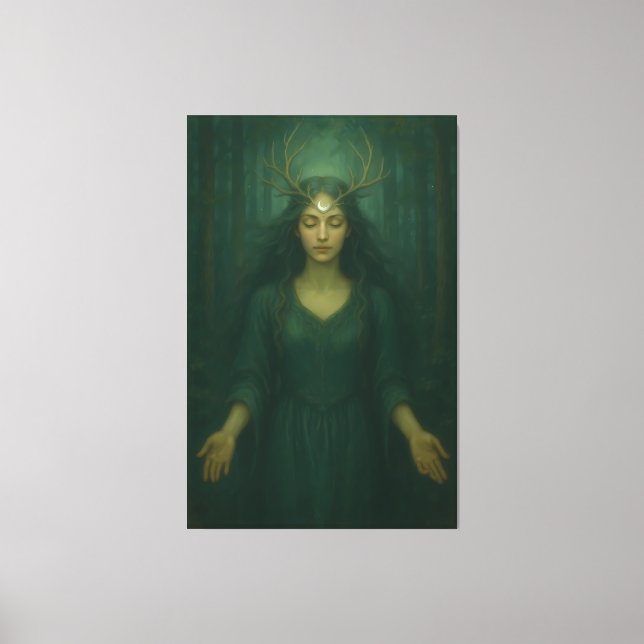 Antlered Moon Guardian – Forest Mystic Goddess Art Canvas Print (Front)
