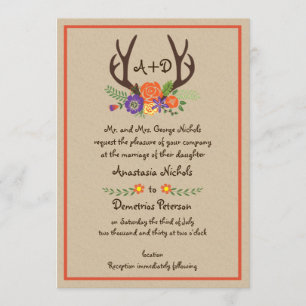 Antlers and flowers monogram kraft paper wedding invitation