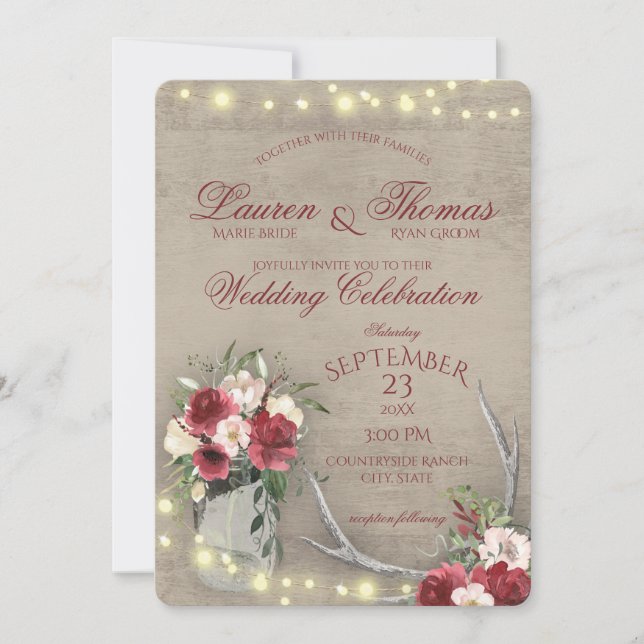 Antlers and String Lights Rustic Burgundy Floral I Invitation (Front)