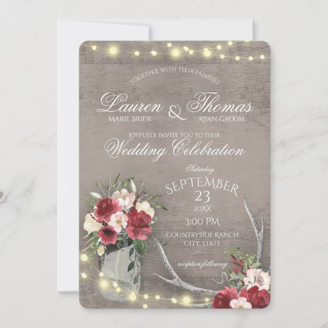 Antlers and String Lights Rustic Burgundy Floral I Invitation (Front)