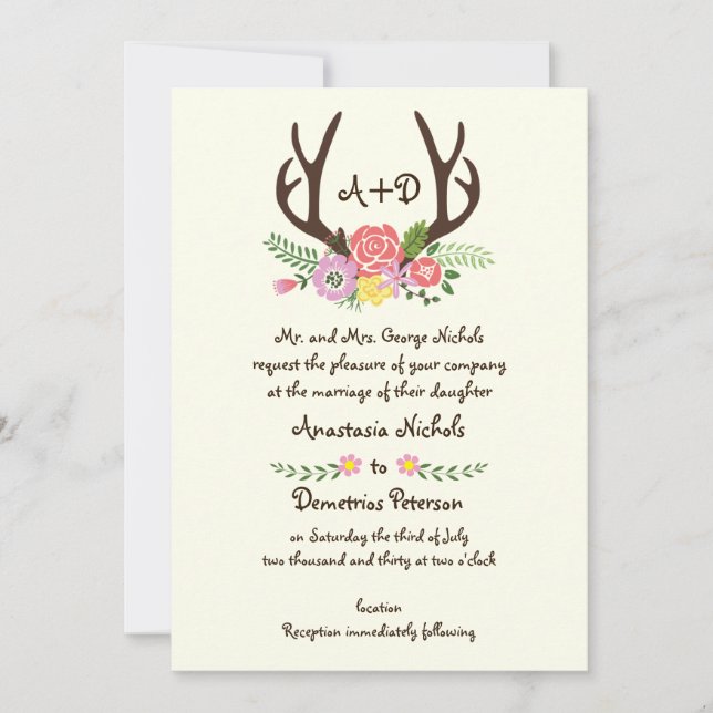Antlers and wild flowers monogram woodland wedding invitation (Front)