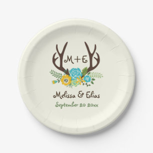 Antlers & aqua blue, yellow flowers rustic wedding paper plate