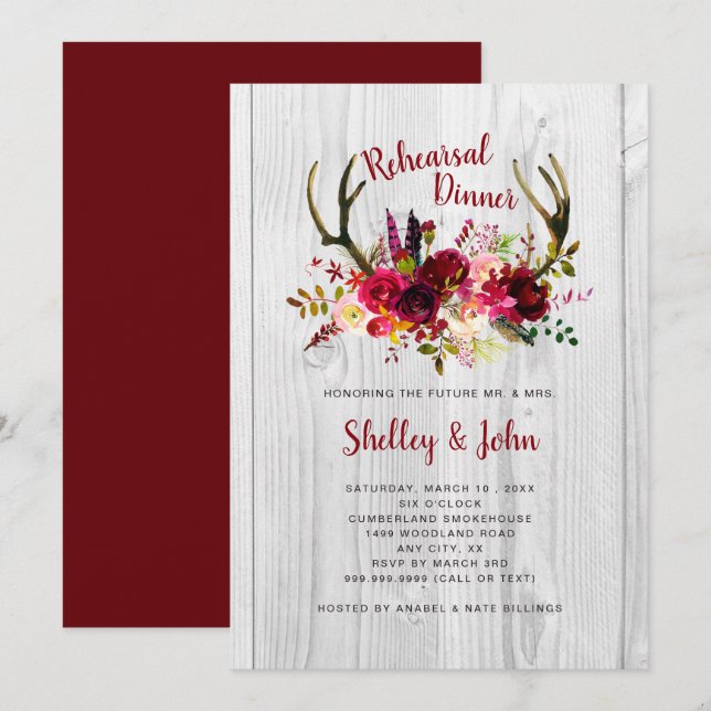 Antlers Burgundy Floral Rehearsal Dinner invites (Front/Back)