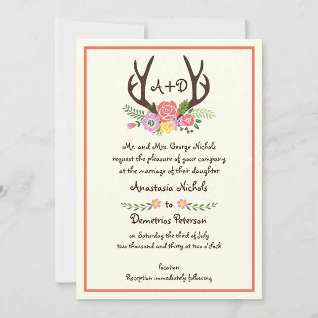 Antlers & coral flowers monogram woodland wedding invitation (Front)