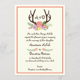 Antlers & coral flowers monogram woodland wedding invitation