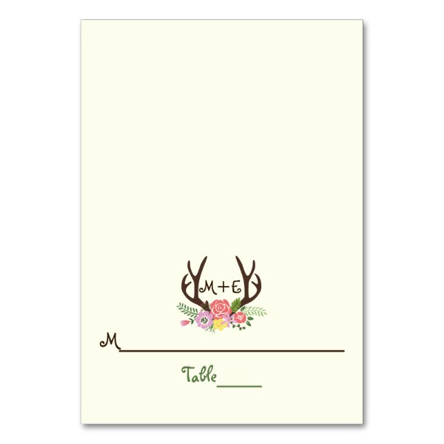 Antlers & coral pink flowers wedding place card (Front)