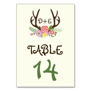 Antlers & coral pink flowers wedding table number