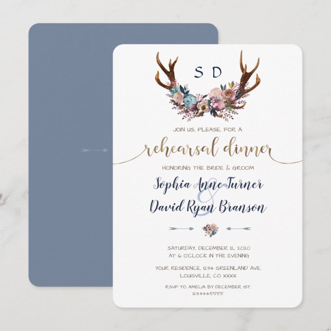 Antlers Dusty Blue Blush Floral Rehearsal Dinner Invitation (Front/Back)