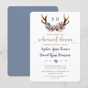 Antlers Dusty Blue Blush Floral Rehearsal Dinner Invitation