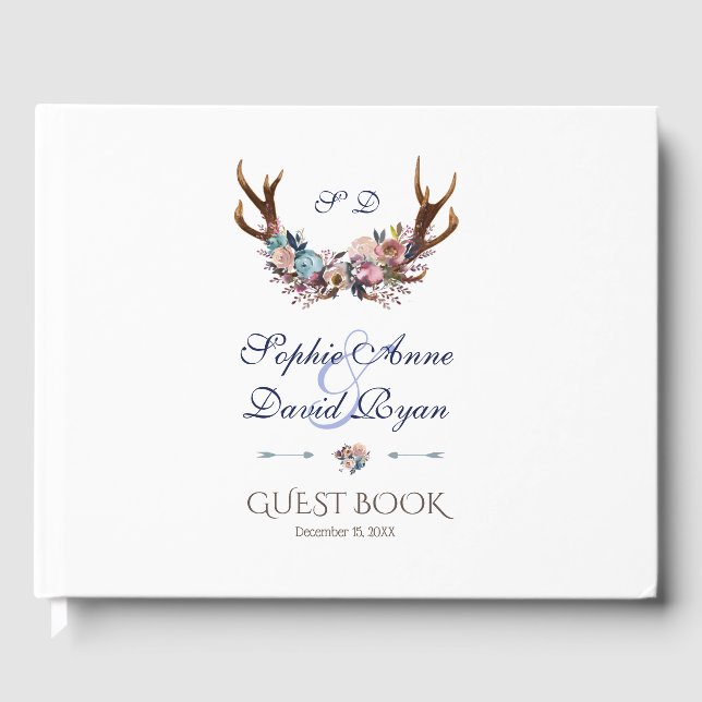 Antlers Dusty Blue Pink Floral Wedding Guest Book (Front)