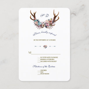 Antlers Dusty Blue Pink Floral   Wedding RSVP Card