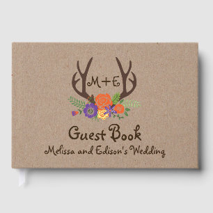 Antlers floral monogram boho wedding guest book