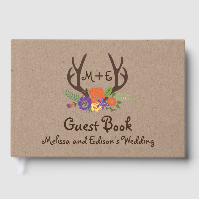 Antlers floral monogram boho wedding guest book (Front)
