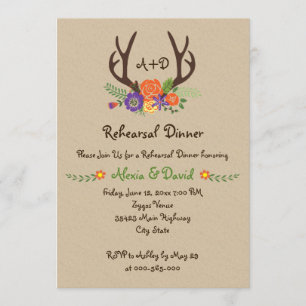 Antlers floral monogram wedding rehearsal dinner invitation