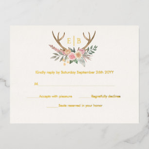 Antlers Floral Stag Pink Flowers RSVP Real Gold Foil Invitation Postcard