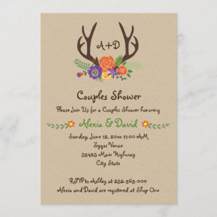 Antlers & flowers monogram wedding couples shower invitation