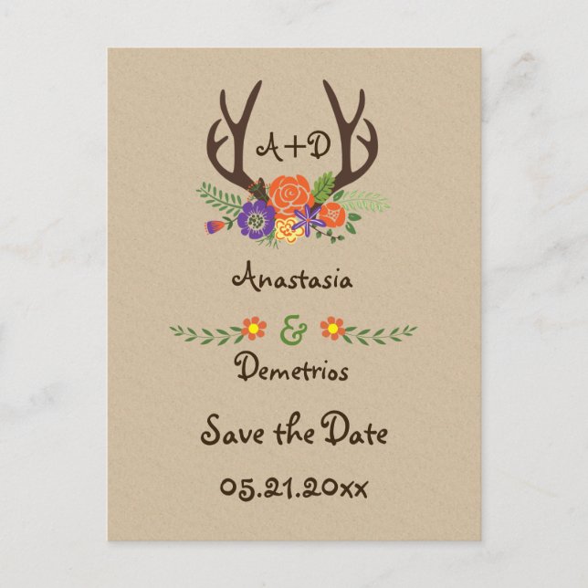 Antlers & flowers monogram wedding Save the Date Announcement Postcard (Front)