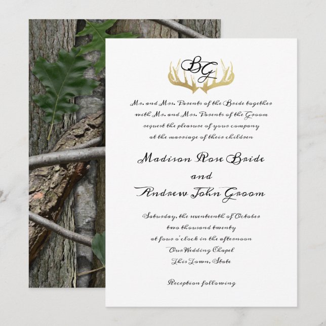 Antlers Monogram and Woodland Trees Wedding Invitation (Front/Back)
