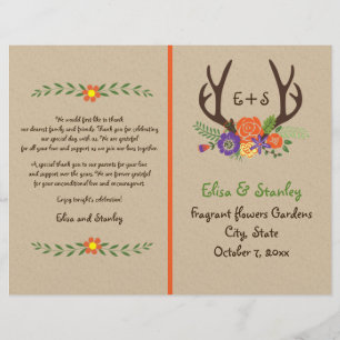 Antlers & orange flowers monogram wedding program