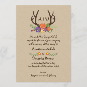 Antlers & orange flowers monogram woodland wedding invitation