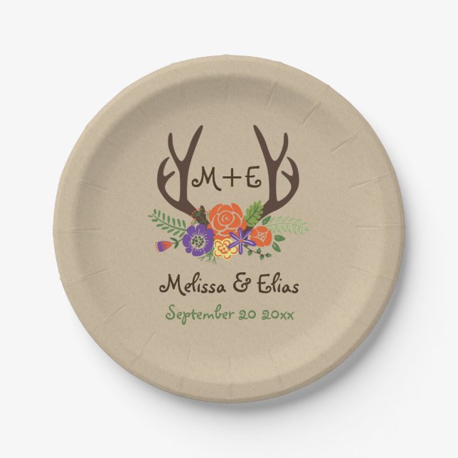 Antlers & orange purple flowers rustic wedding paper plate (Front)