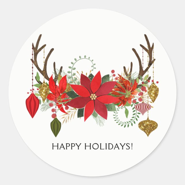 Antlers Ornaments Floral Antlers Holiday Rustic Classic Round Sticker (Front)