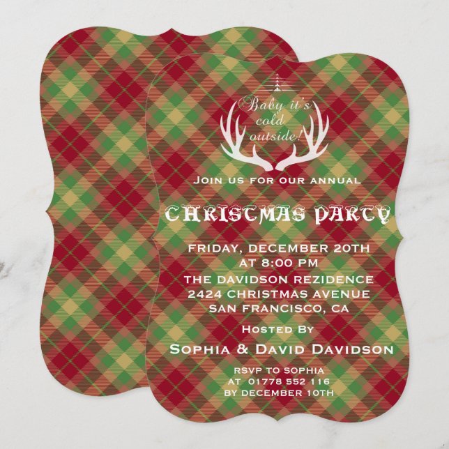 Antlers Red Green Plaid Christmas Party Invitation (Front/Back)