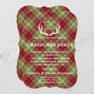 Antlers Red Green Plaid Christmas Party Invitation