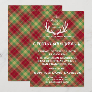 Antlers Red Green Plaid Christmas Party Invitation