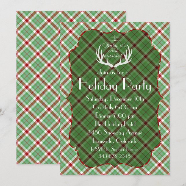 Antlers Red Green Plaid Holiday Party Invitation (Front/Back)