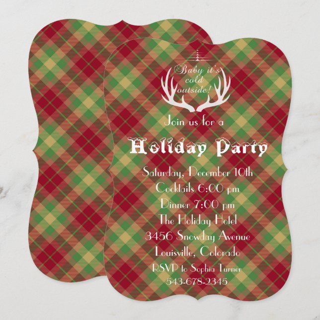 Antlers Red Green Plaid Holiday Party Invitation (Front/Back)