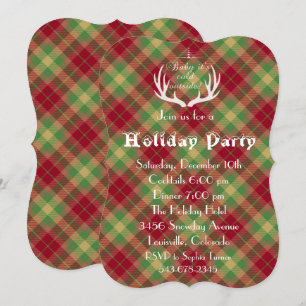 Antlers Red Green Plaid Holiday Party Invitation