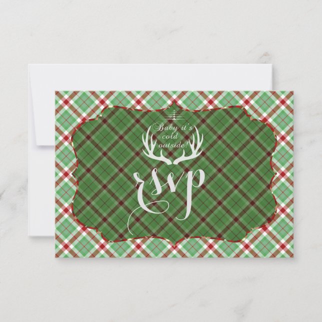 Antlers Red Green Plaid Wedding RSVP Card (Front)