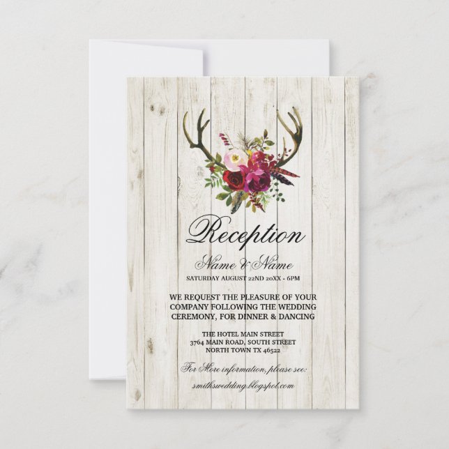 Antlers Rustic Wedding Reception Cards Wood (Front)