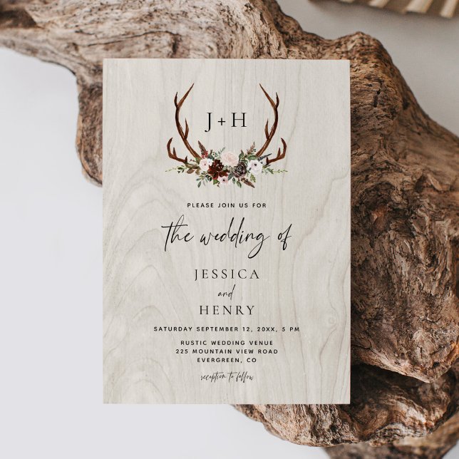 Antlers Rustic Wood Boho Wedding Invitation (Creator Uploaded)