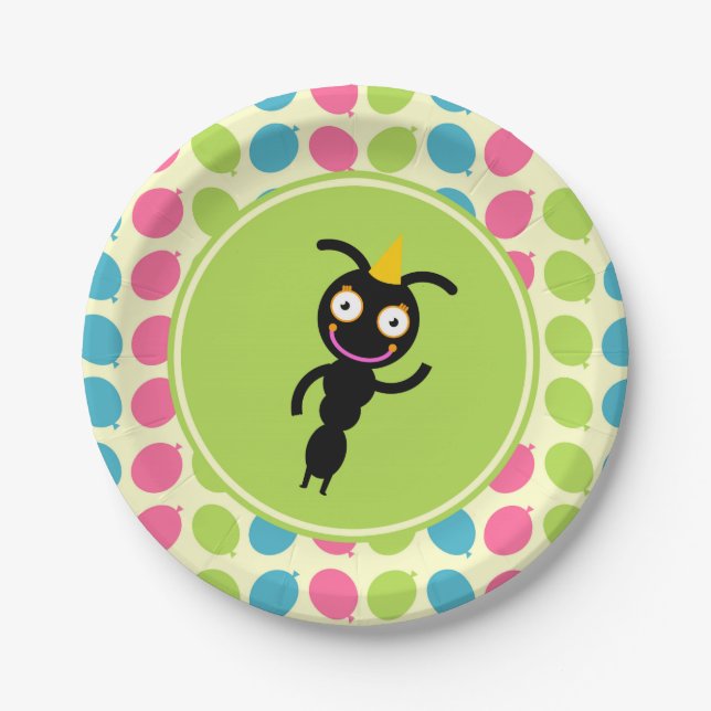 Ants and balloons kids birthday party paper plate (Front)