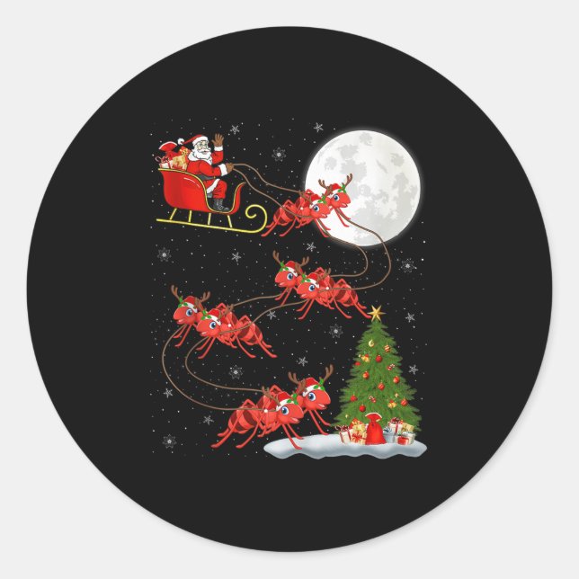 Ants Santa Sleigh Flying Funny Magical Christmas T Classic Round Sticker (Front)