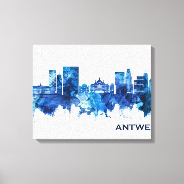 Antwerp Belgium Skyline Blue Canvas Print (Front)