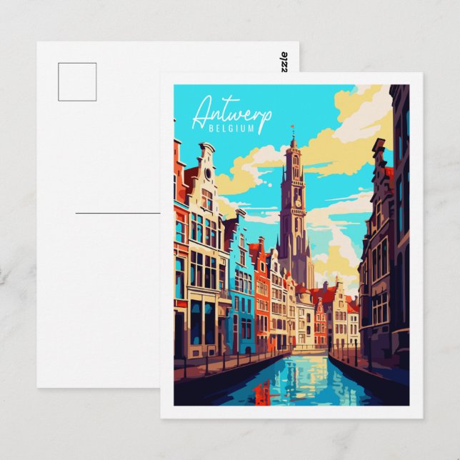 Antwerp Belgium vintage travel place illustration Postcard (Front/Back)