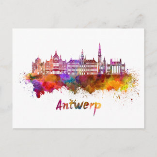 Antwerp skyline in watercolor postcard