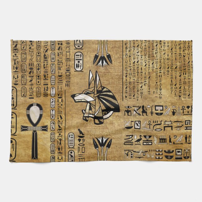 Anubis - Egyptian God -Gold and Pearl Tea Towel (Horizontal)