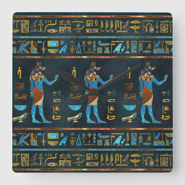 Anubis Egyptian  Gold, Blue and Red glass Square Wall Clock (Front)